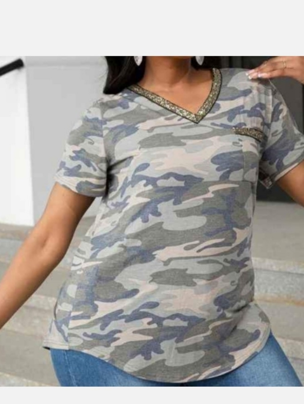 Women's Camo Sequin's V Top